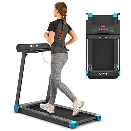 COSTWAY Cinta de correr eléctrica controlada por aplicación,Bluetooth,3 modos 12 programas preestablecidos,Pantalla LED,0-12 km/h,Plegable,Soporta hasta 90 kg,Incluye llave de seguridad (azul)