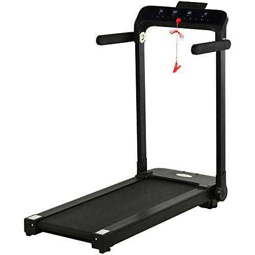 HOMCOM Cinta de Correr y Andar Plegable con 4 Pantallas LED Velocidad hasta 10 km/h 12 Programas Botón de Emergencia y Ruedas 64x125x119 cm Negro